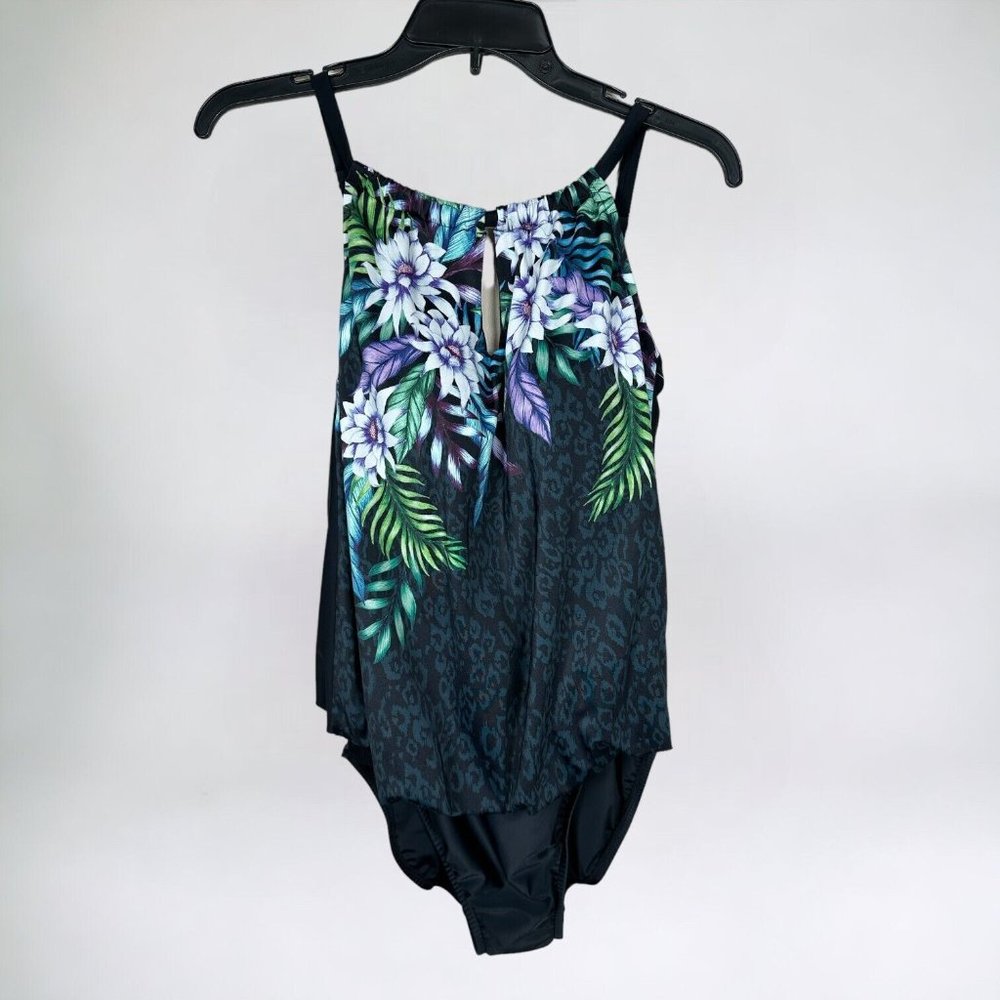 Maxine of Hollywood Size 10 Swimsuit One Piece Floral Black Cinched Keyhole